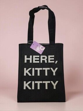 Cat Lady brand HERE KITTY KITTY Double Sided Black Woven Flat Tote bag NWT